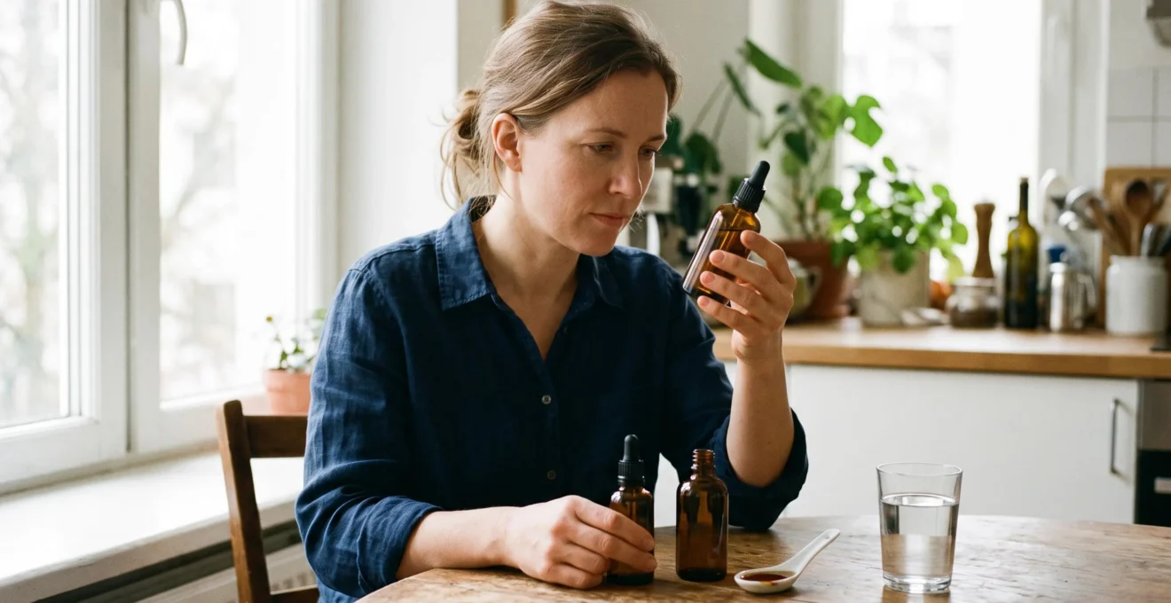 Deux flacons d'huile de CBD posés sur une table de cuisine comparés par une personne.