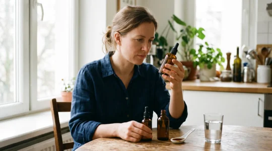 Deux flacons d'huile de CBD posés sur une table de cuisine comparés par une personne.
