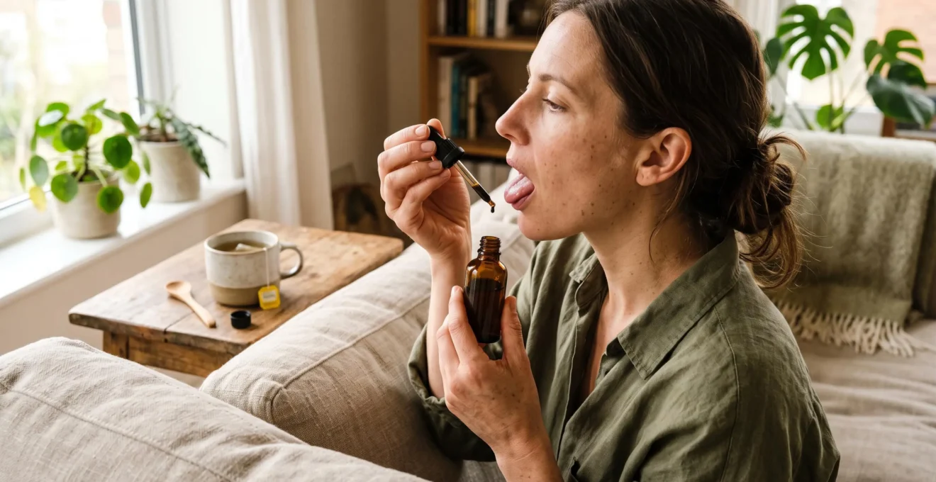 Une femme dépose une goutte d'huile de CBD sous sa langue dans un salon.
